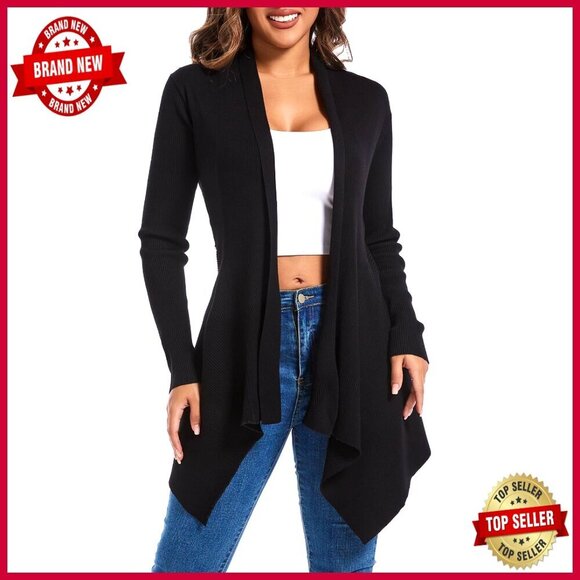 Sweaters - Soft Ribbed Knit Cardigan, Draped Open Front, Long Sleeve All-Season
